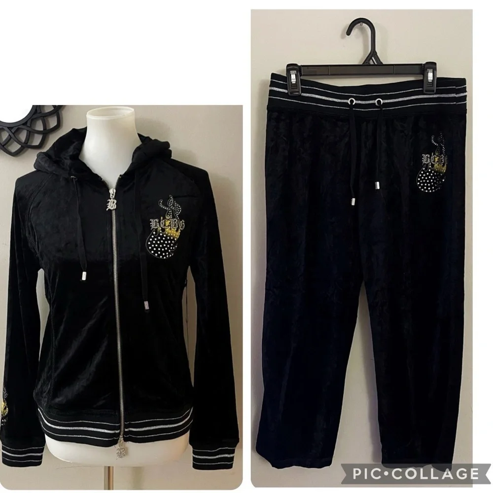BCBG Black Velour Crop Pant Set with Rhinestone Accents Casual Fall Y2K - Picture 1 of 8